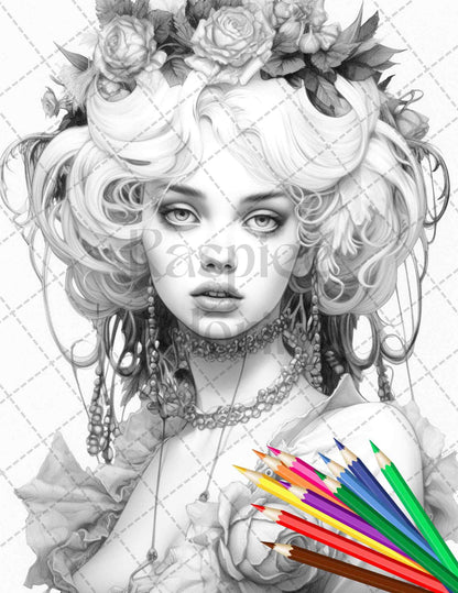 40 Beautiful Gothic Girls Grayscale Coloring Pages Printable for Adults, PDF File Instant Download