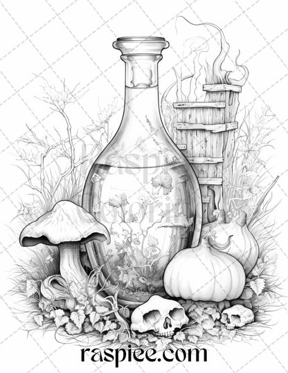 40 Mystical Magic Potions Grayscale Coloring Pages Printable for Adults, PDF File Instant Download