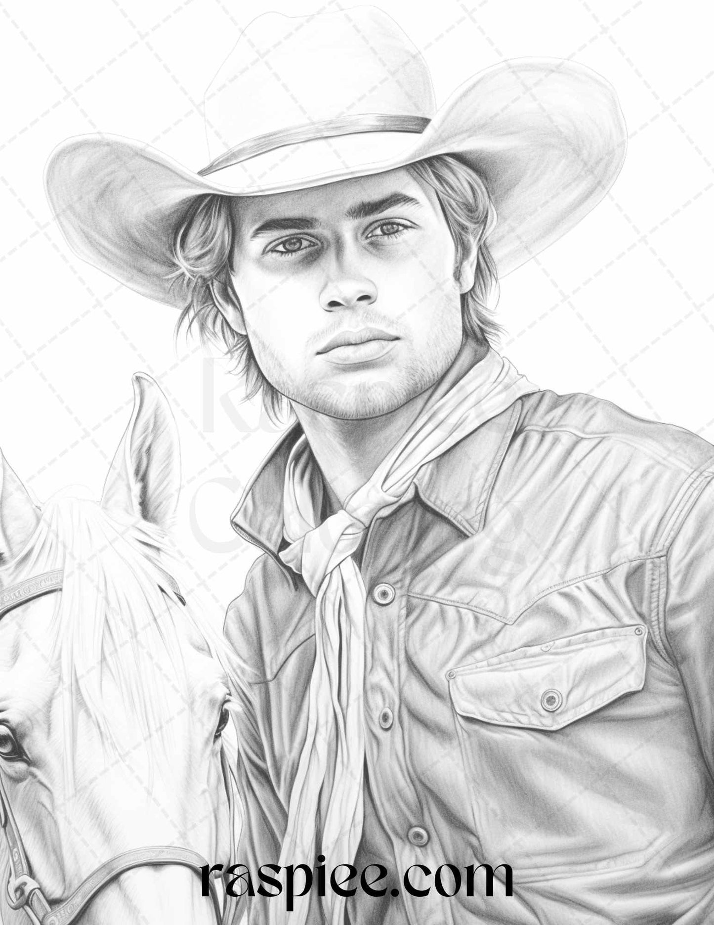 45 Wild West Cowboys Grayscale Coloring Pages Printable for Adults, PDF File Instant Download