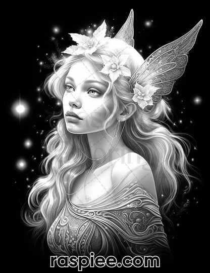 50 Starlight Fairy Grayscale Coloring Pages for Adults, Printable PDF File Instant Download