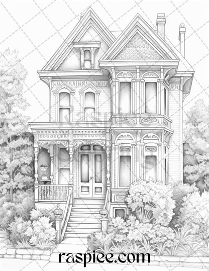 40 Victorian Houses Grayscale Coloring Pages Printable for Adults, PDF File Instant Download