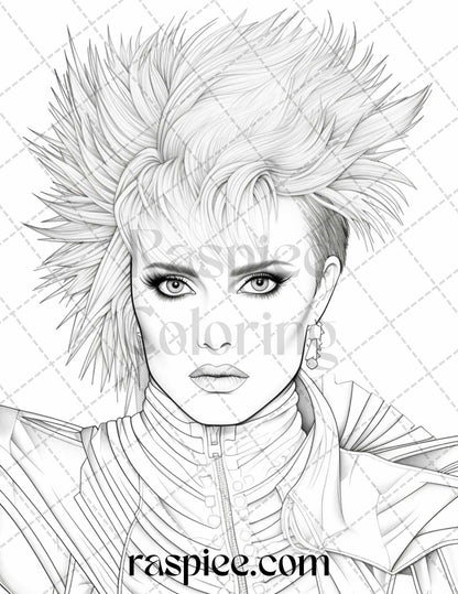 1980s New Wave Pop Star Grayscale Coloring Pages Printable for Adults, PDF File Instant Download