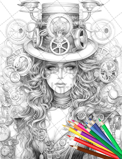 40 Steampunk Ladies Grayscale Coloring Pages Printable for Adults, PDF File Instant Download