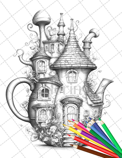 40 Teapot Fairy Houses Grayscale Coloring Pages Printable for Adults, PDF File Instant Download