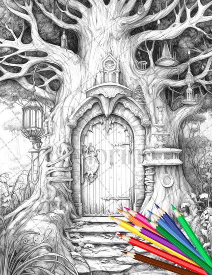 40 Magical Forest Gates Grayscale Coloring Pages Printable for Adults, PDF File Instant Download