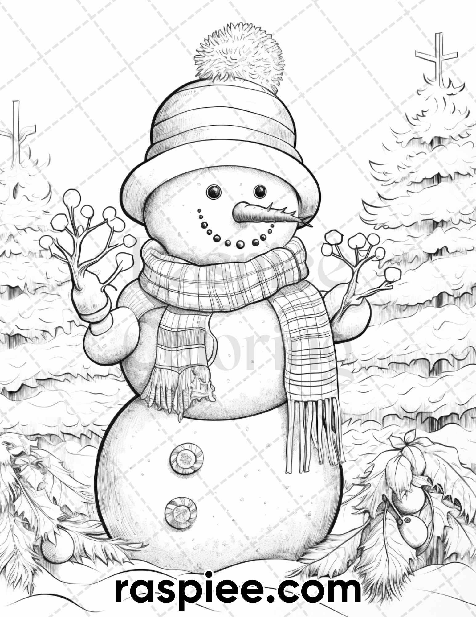 40 Chistmas Snowman Grayscale Coloring Pages for Adults, Printable PDF Instant Download