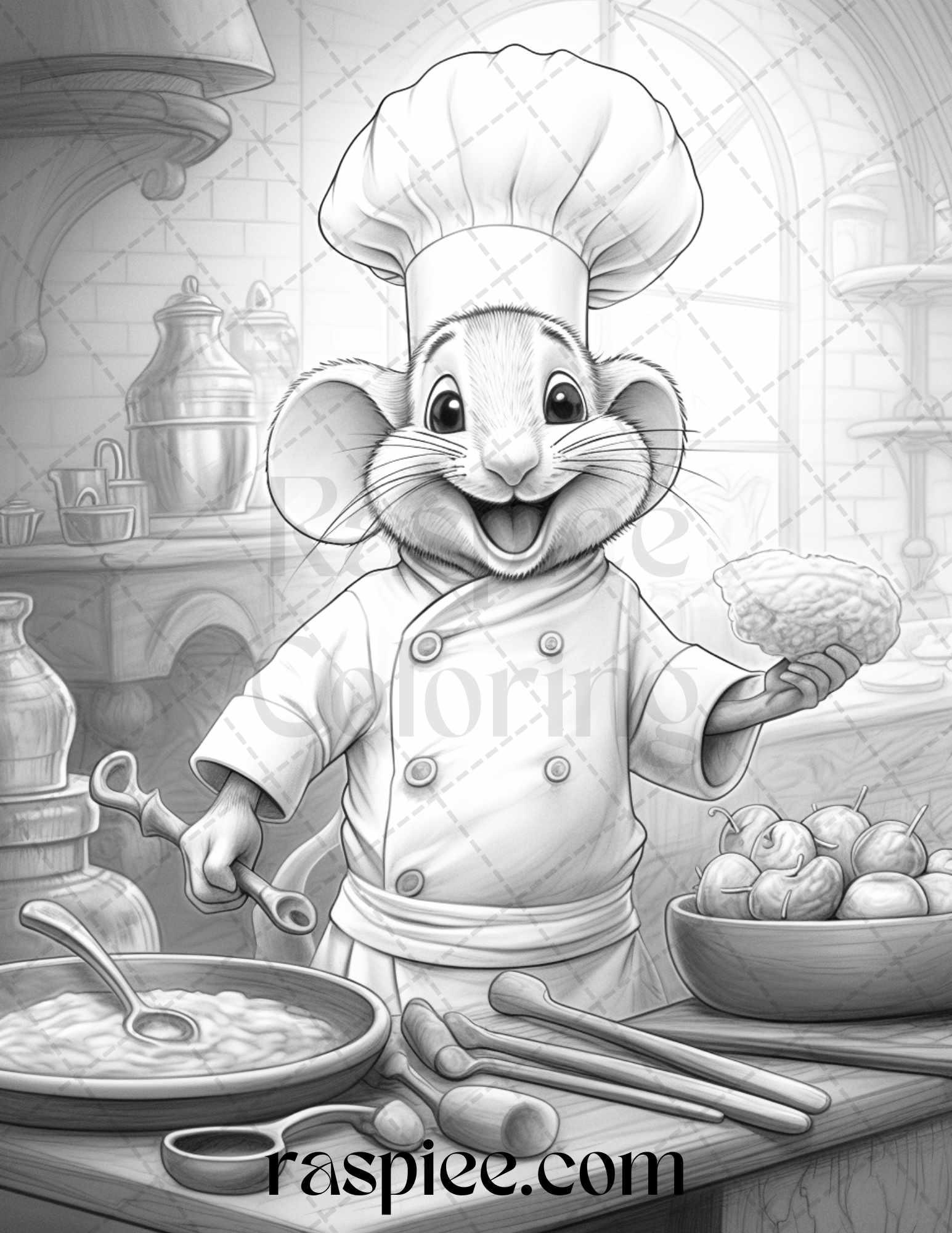 45 Mouse Chef Grayscale Coloring Pages Printable for Adults, PDF File Instant Download