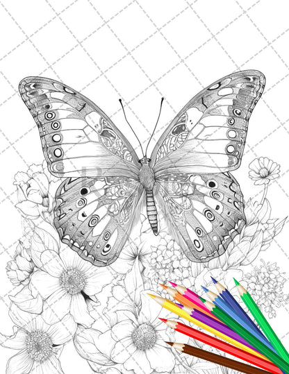 30 Animal Floral Printable Coloring Pages for Adults, Grayscale Coloring Book, Printable PDF File Download