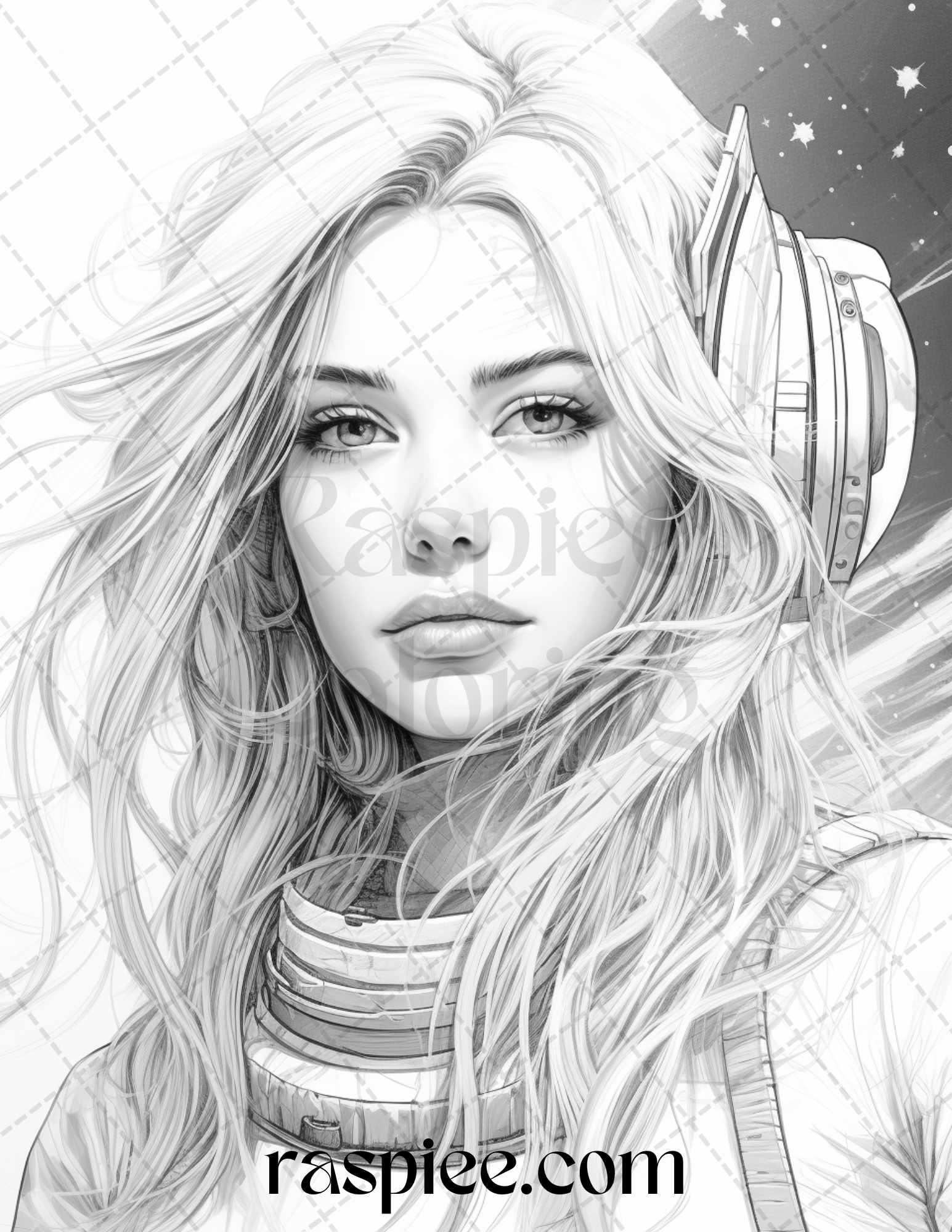 50 Astronaut Girl Portrait Grayscale Coloring Pages Printable for Adults, PDF File Instant Download