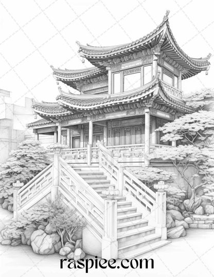 40 Traditional Chinese Houses Grayscale Coloring Pages Printable for Adults, PDF File Instant Download