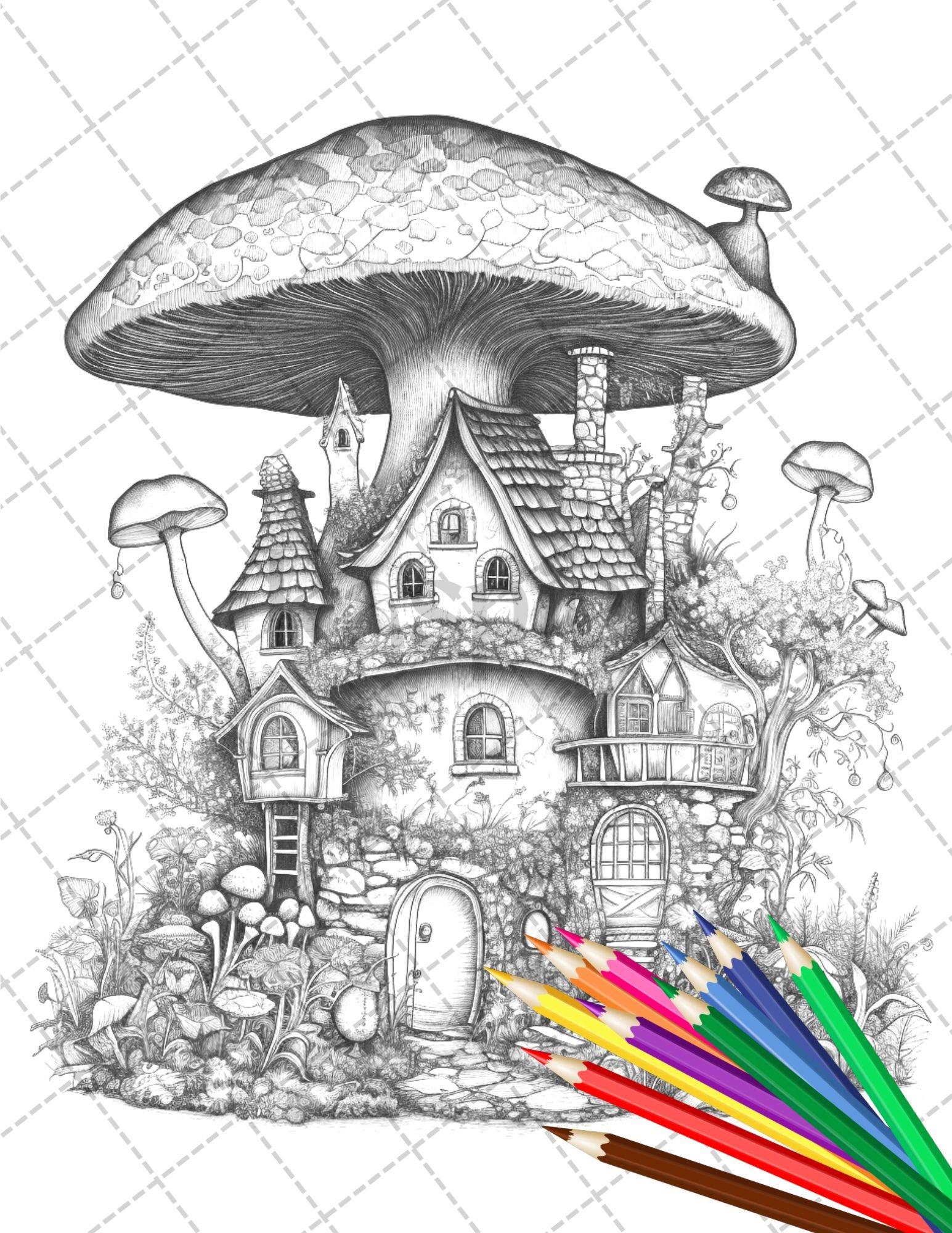 32 Whimsical Mushroom House Coloring Pages for Adults, Grayscale Coloring Book, Printable PDF File Download