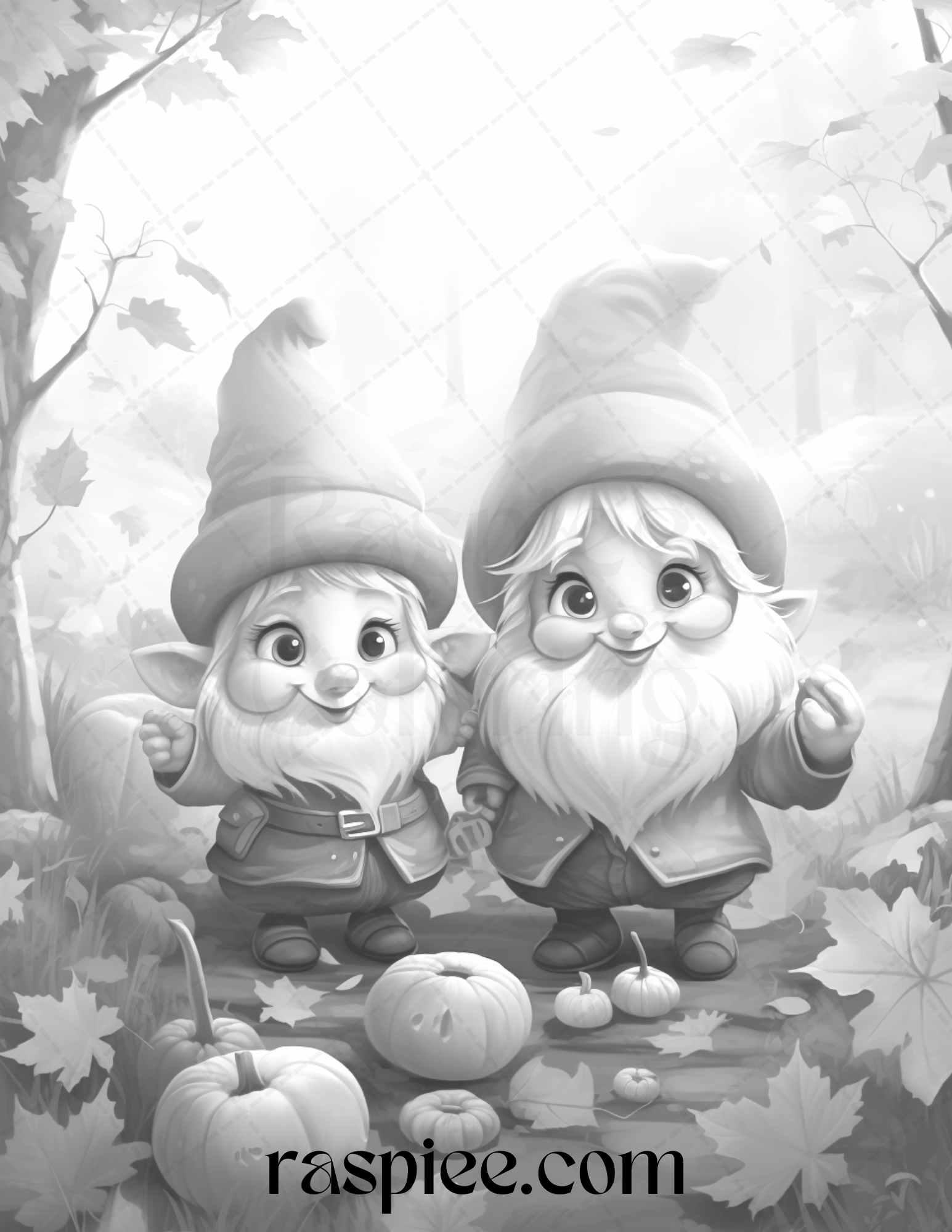 40 Fall Gnomes Grayscale Coloring Pages Printable for Adults Kids, PDF File Instant Download