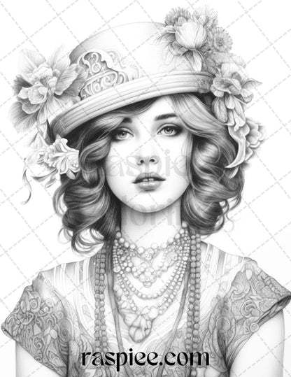 40 Beautiful Gatsby Girls Grayscale Coloring Pages Printable for Adults, PDF File Instant Download