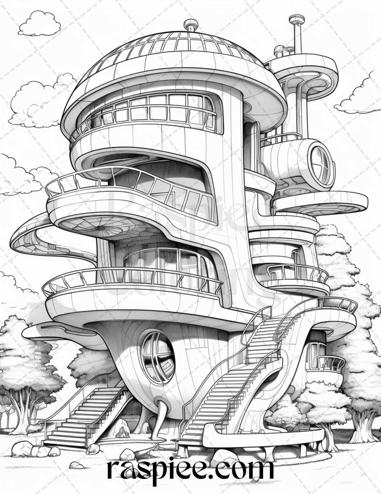 43 Futuristic Houses Grayscale Coloring Pages Printable for Adults, PDF File Instant Download