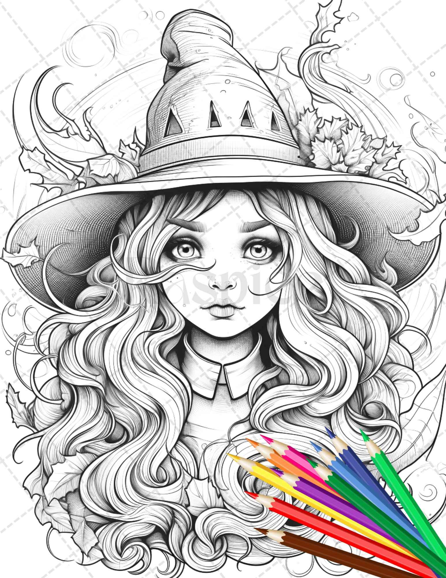 40 Cute Witches Coloring Pages Printable for Adults, Grayscale Coloring Page, PDF File Instant Download