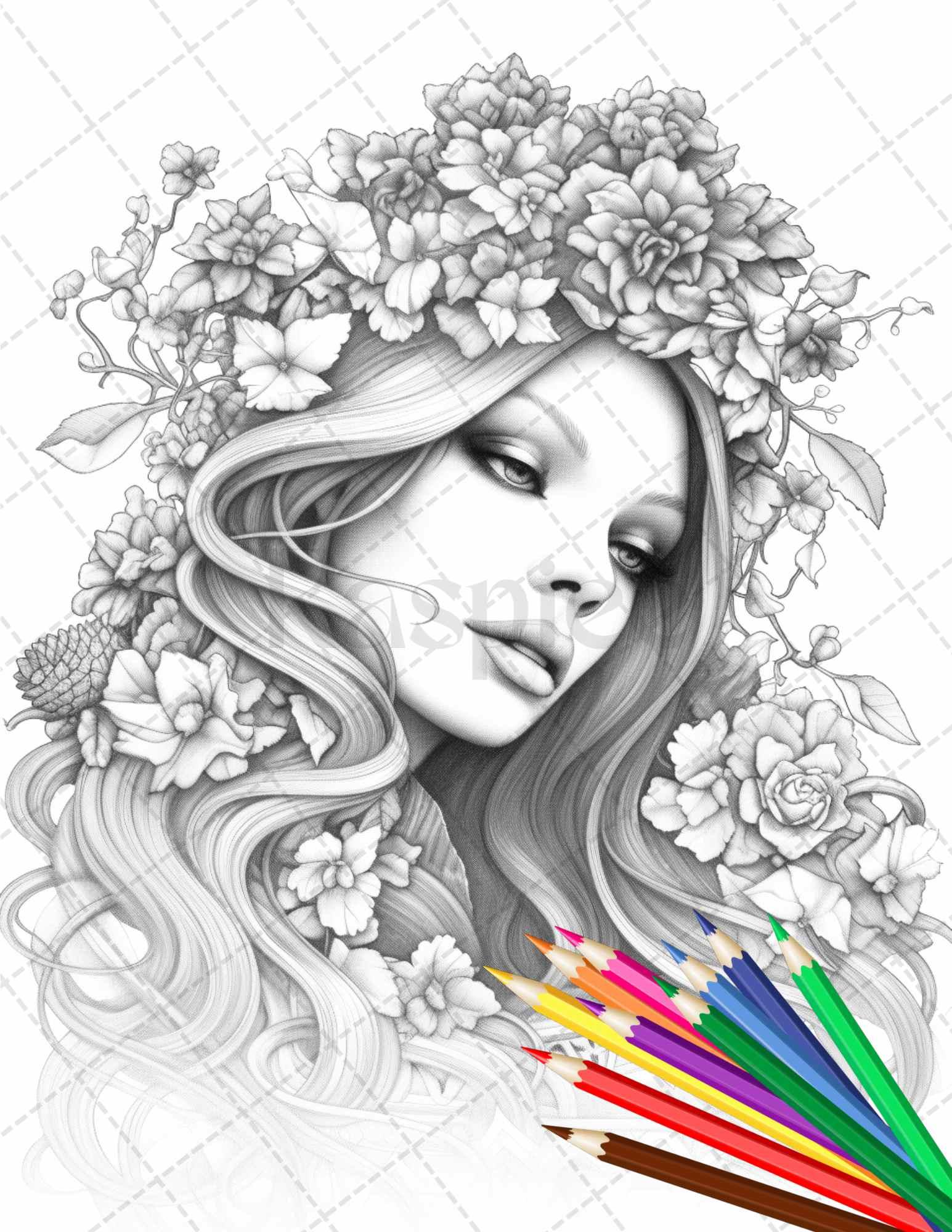 38 Flower Goddess Coloring Pages Printable for Adults, Grayscale Coloring Page, PDF File Instant Download