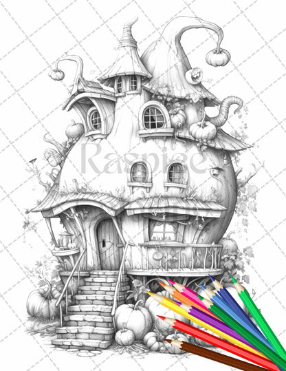 40 Pumpkin Fairy Houses Grayscale Coloring Pages Printable for Adults, PDF File Instant Download