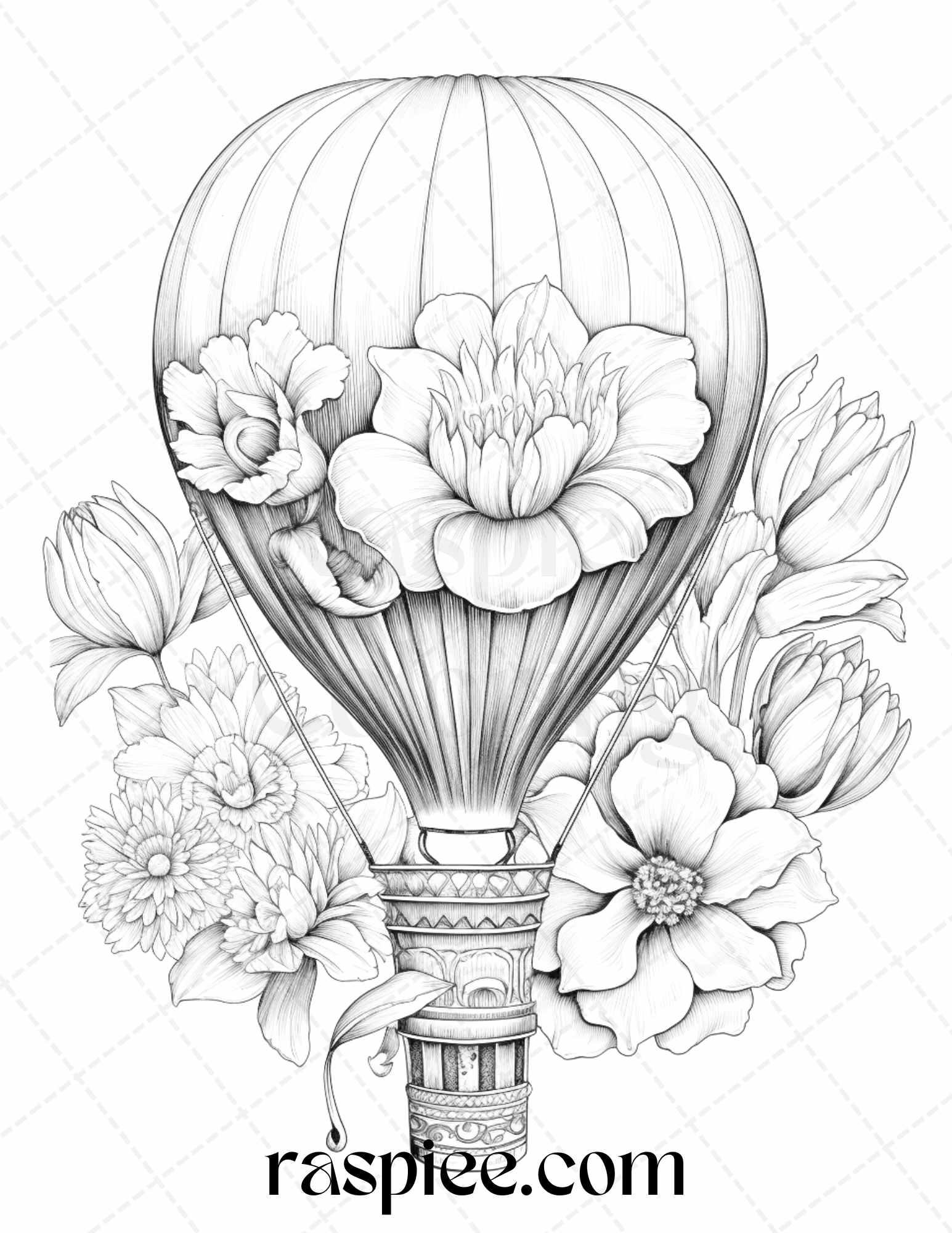 42 Flower Hot Air Balloons Grayscale Coloring Pages Printable for Adults, PDF File Instant Download