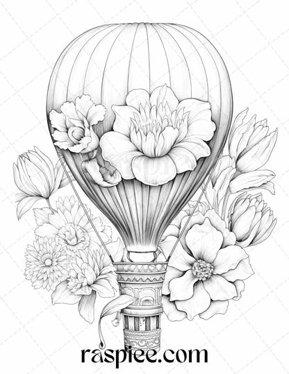 42 Flower Hot Air Balloons Grayscale Coloring Pages Printable for Adults, PDF File Instant Download