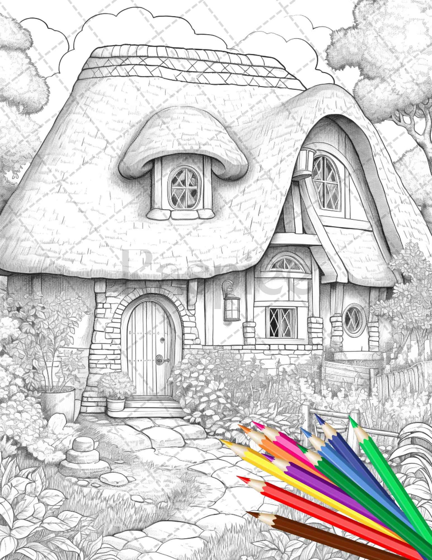 43 Enchanted Hobbiton Houses Grayscale Coloring Pages Printable for Adults, PDF File Instant Download