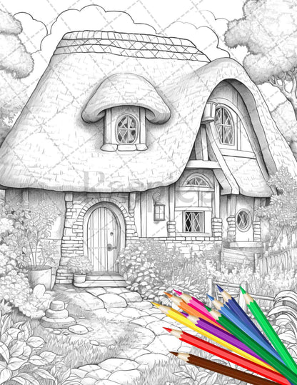 43 Enchanted Hobbiton Houses Grayscale Coloring Pages Printable for Adults, PDF File Instant Download