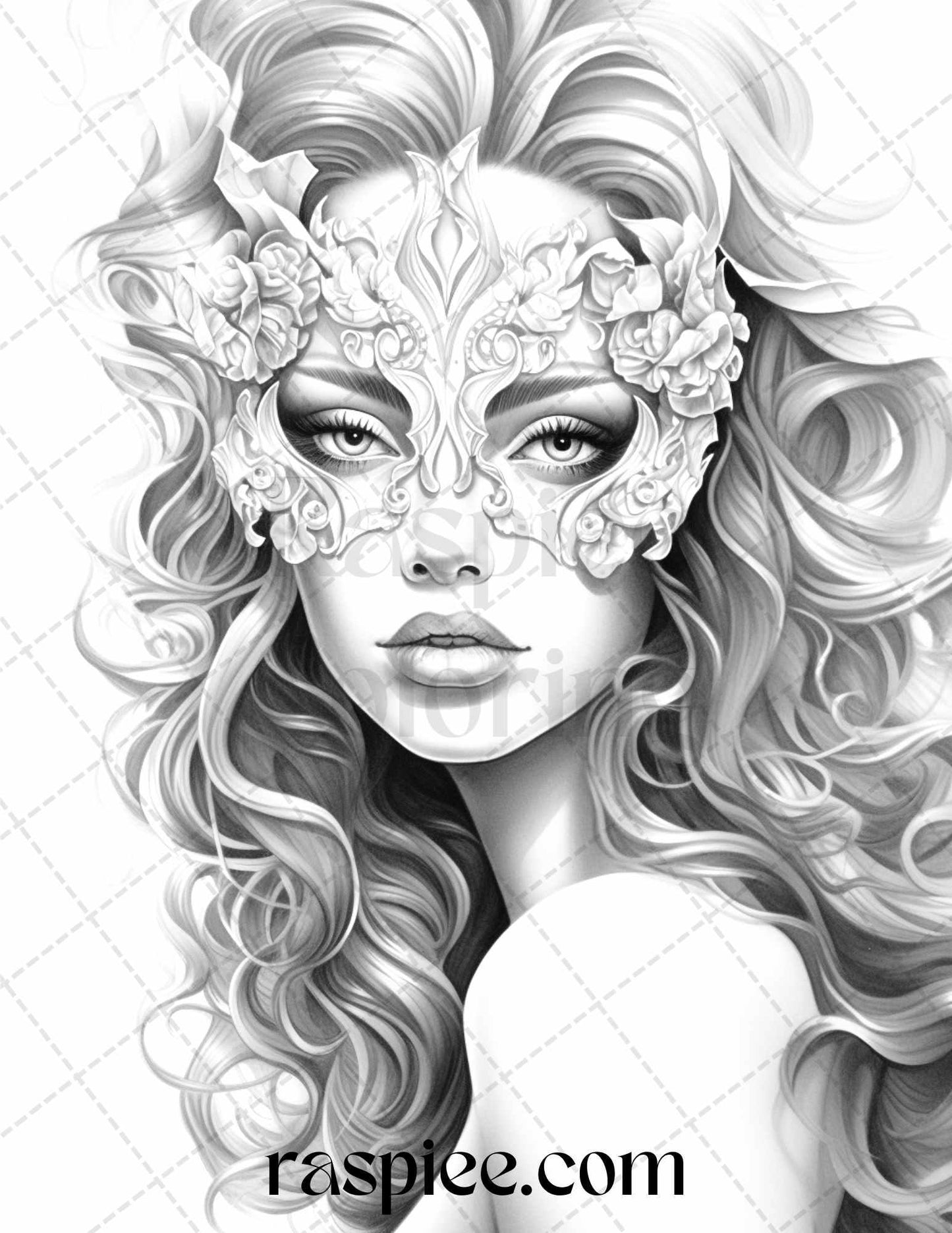 40 Masquerade Girls Grayscale Coloring Pages Printable for Adults, PDF File Instant Download