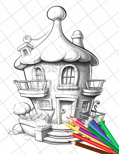 50 Adorable Cake Houses Grayscale Coloring Pages Printable for Adults and Kids, PDF File Instant Download