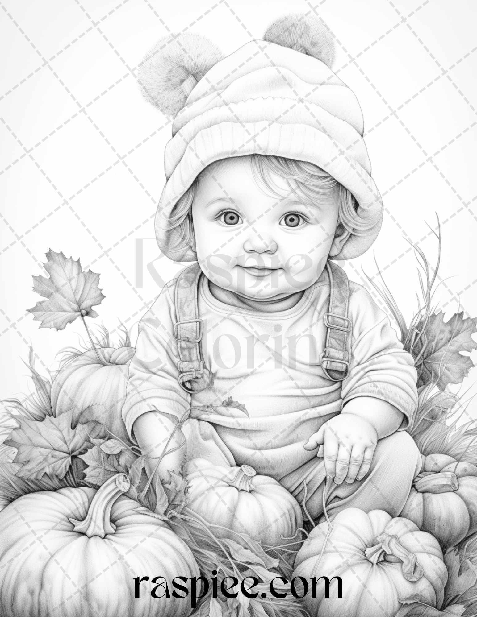 40 Pumpkin Babies Grayscale Coloring Pages for Adults and Kids, Printable PDF File Instant Download