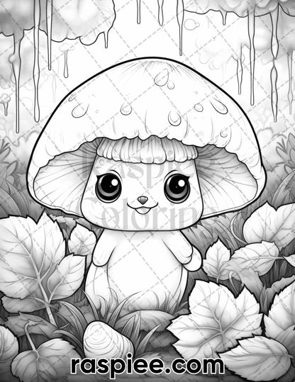 40 Kawaii Mushrooms Grayscale Coloring Pages for Adults, Printable PDF Instant Download