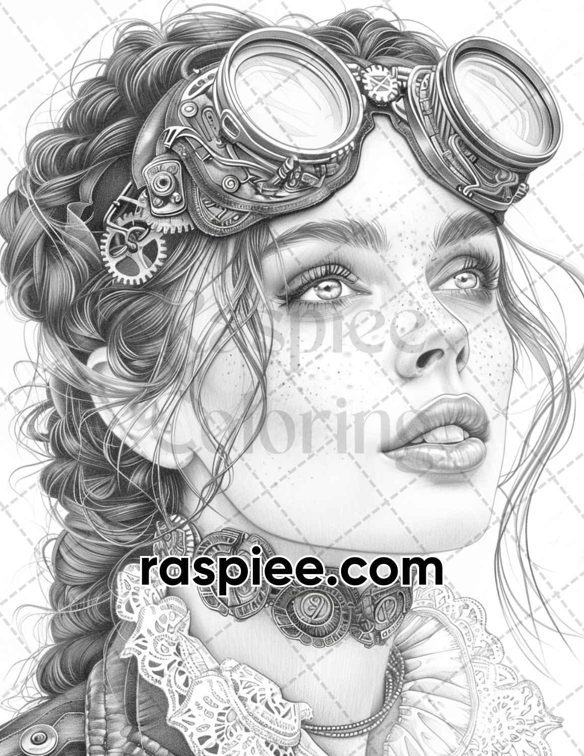 65 Gothic Steampunk Girls Grayscale Adult Coloring Pages, Printable PDF Instant Download