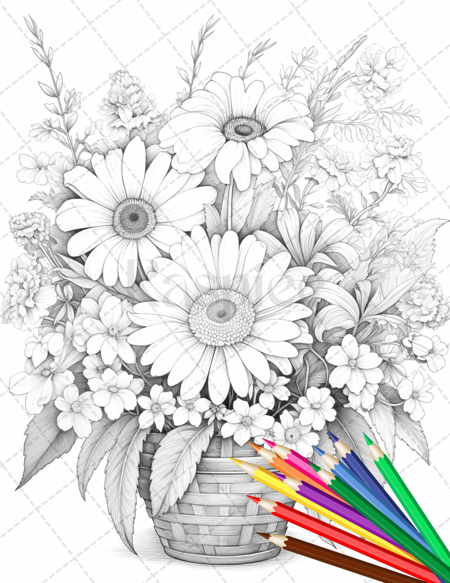 30 Flower Baskets Grayscale Coloring Pages for Adults, PDF File Instant Download