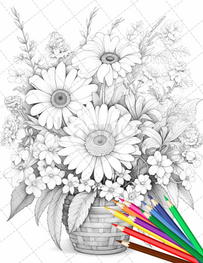 30 Flower Baskets Grayscale Coloring Pages for Adults, PDF File Instant Download