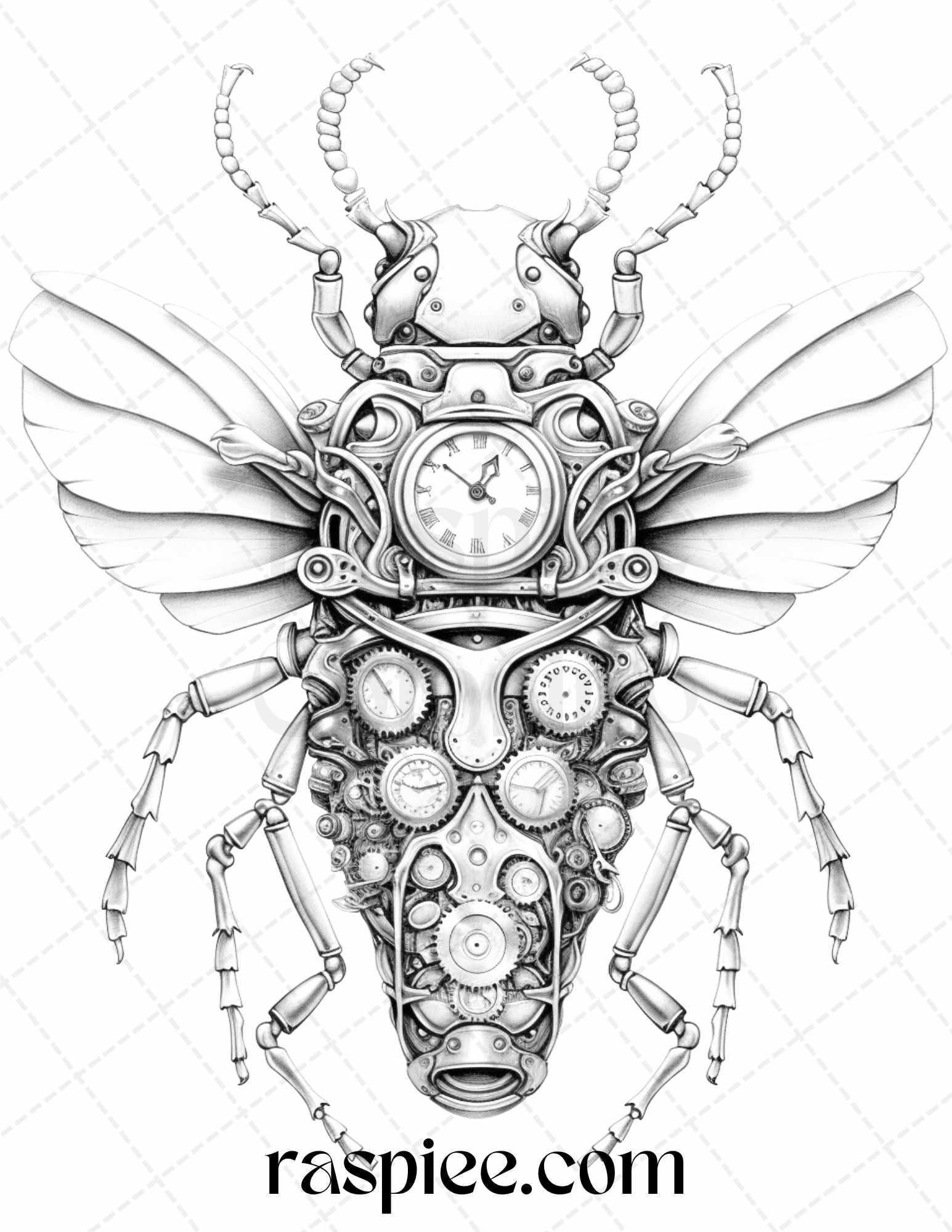 42 Steampunk Bugs Grayscale Coloring Pages Printable for Adults, PDF File Instant Download