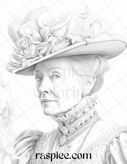 50 Victorian Grandma Grayscale Coloring Pages Printable for Adults, PDF File Instant Download