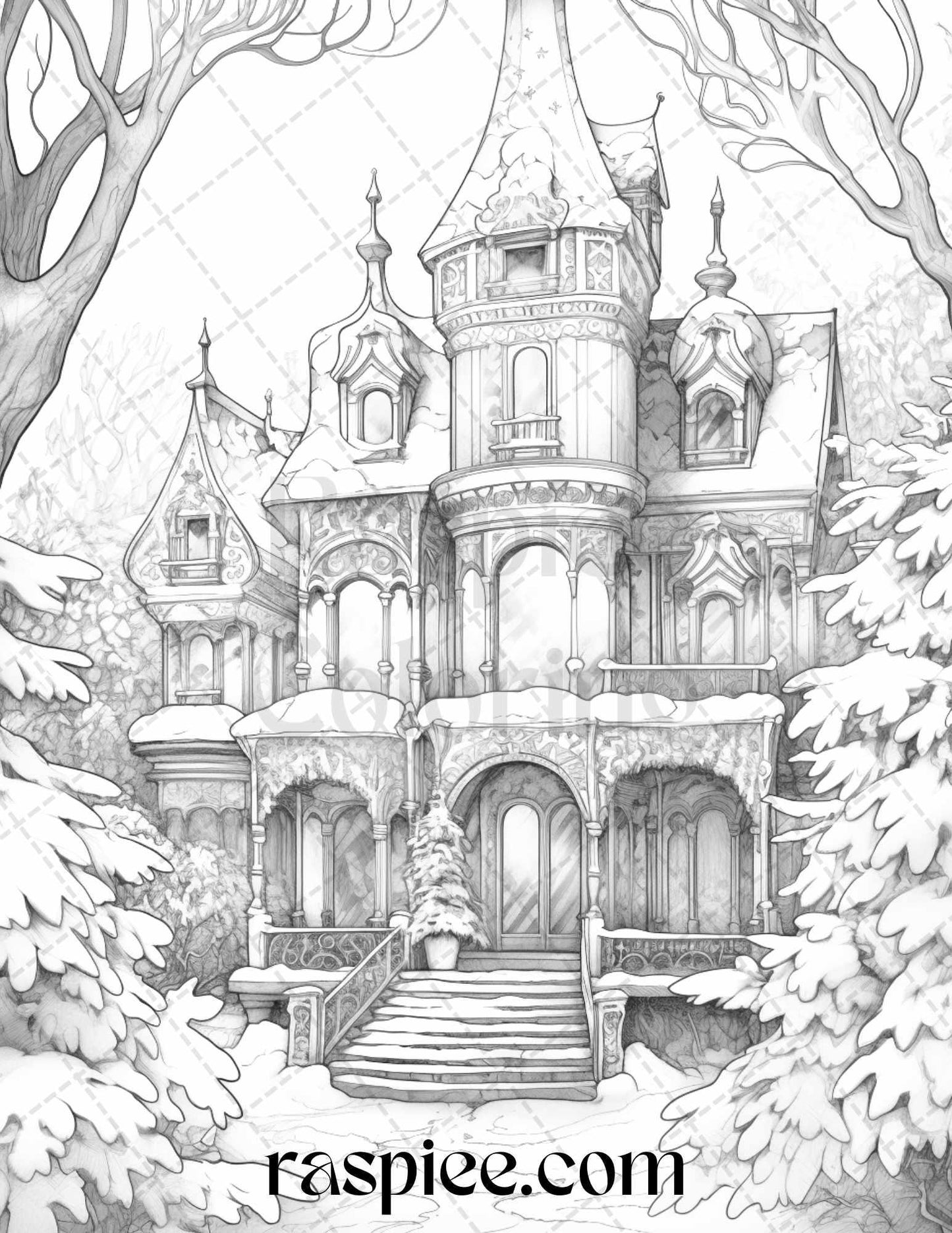 42 Fantasy Christmas Houses Grayscale Coloring Pages Printable for Adults, PDF File Instant Download