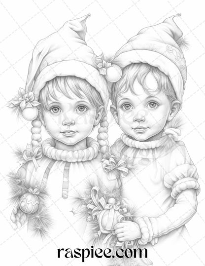 110 Christmas Elves Grayscale Coloring Pages Printable for Adults Kids, PDF File Instant Download