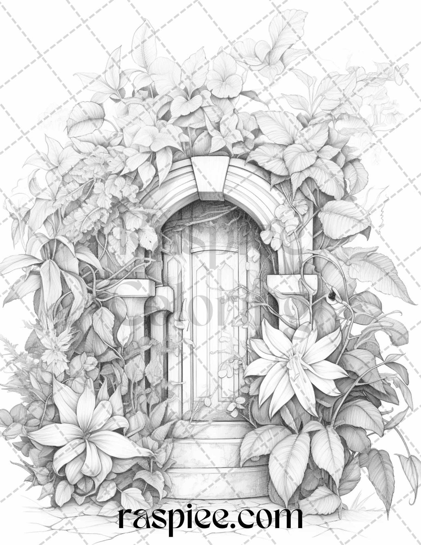 40 Flower Fairy Doors Grayscale Coloring Pages Printable for Adults, PDF File Instant Download