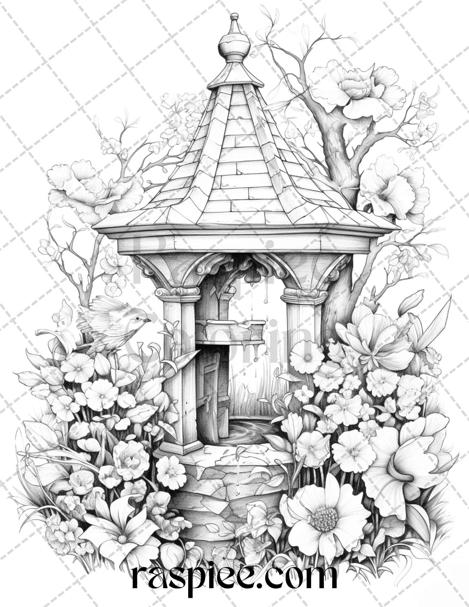 40 Whimsical Wishing Wells Grayscale Coloring Pages Printable for Adults, PDF File Instant Download