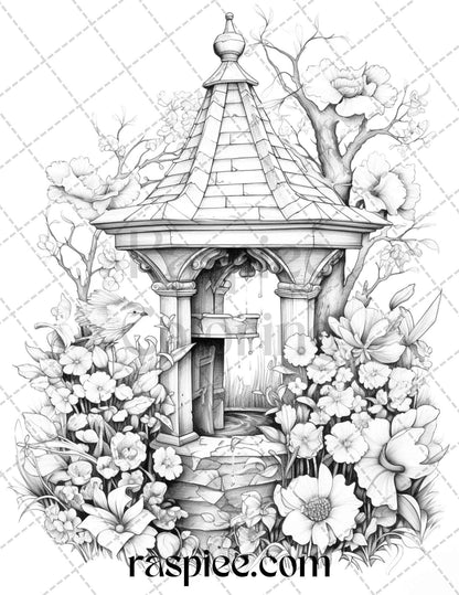 40 Whimsical Wishing Wells Grayscale Coloring Pages Printable for Adults, PDF File Instant Download