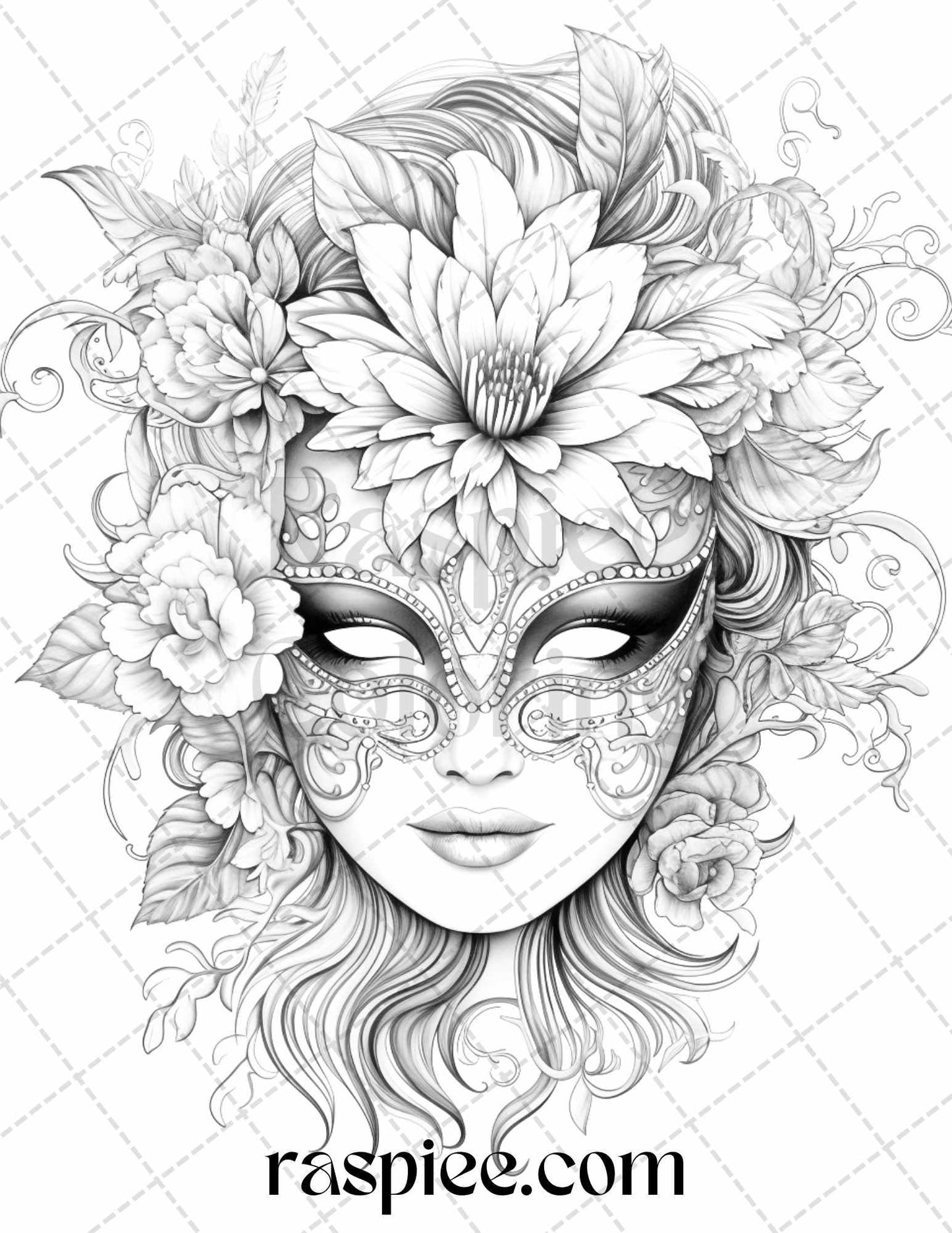 40 Masquerade Masks Grayscale Coloring Pages Printable for Adults, PDF File Instant Download