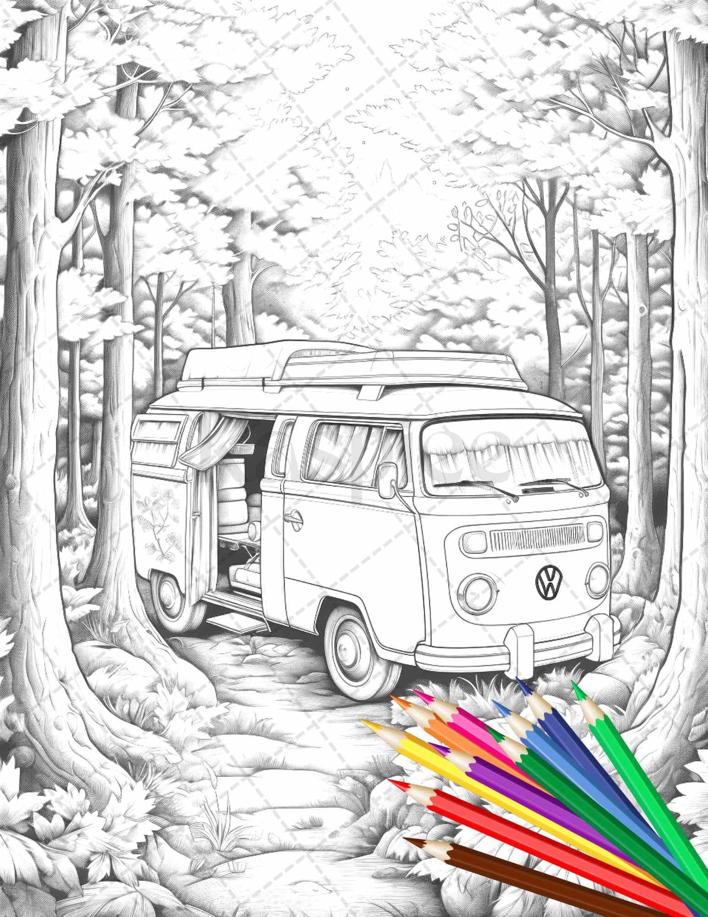 30 Campervan Adventure Grayscale Coloring Pages Printable for Adults, PDF File Instant Download