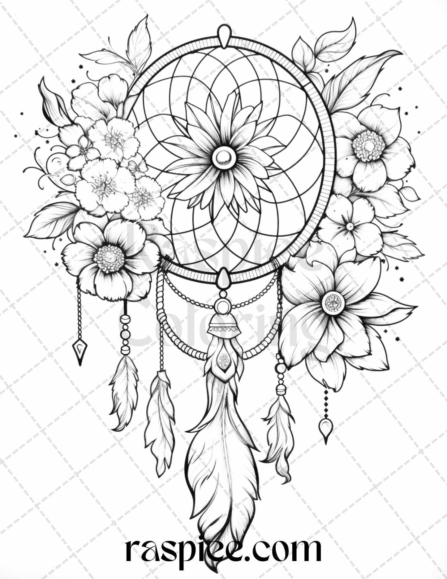 30 Flower Dreamcatcher Grayscale Coloring Pages Printable for Adults, PDF File Instant Download