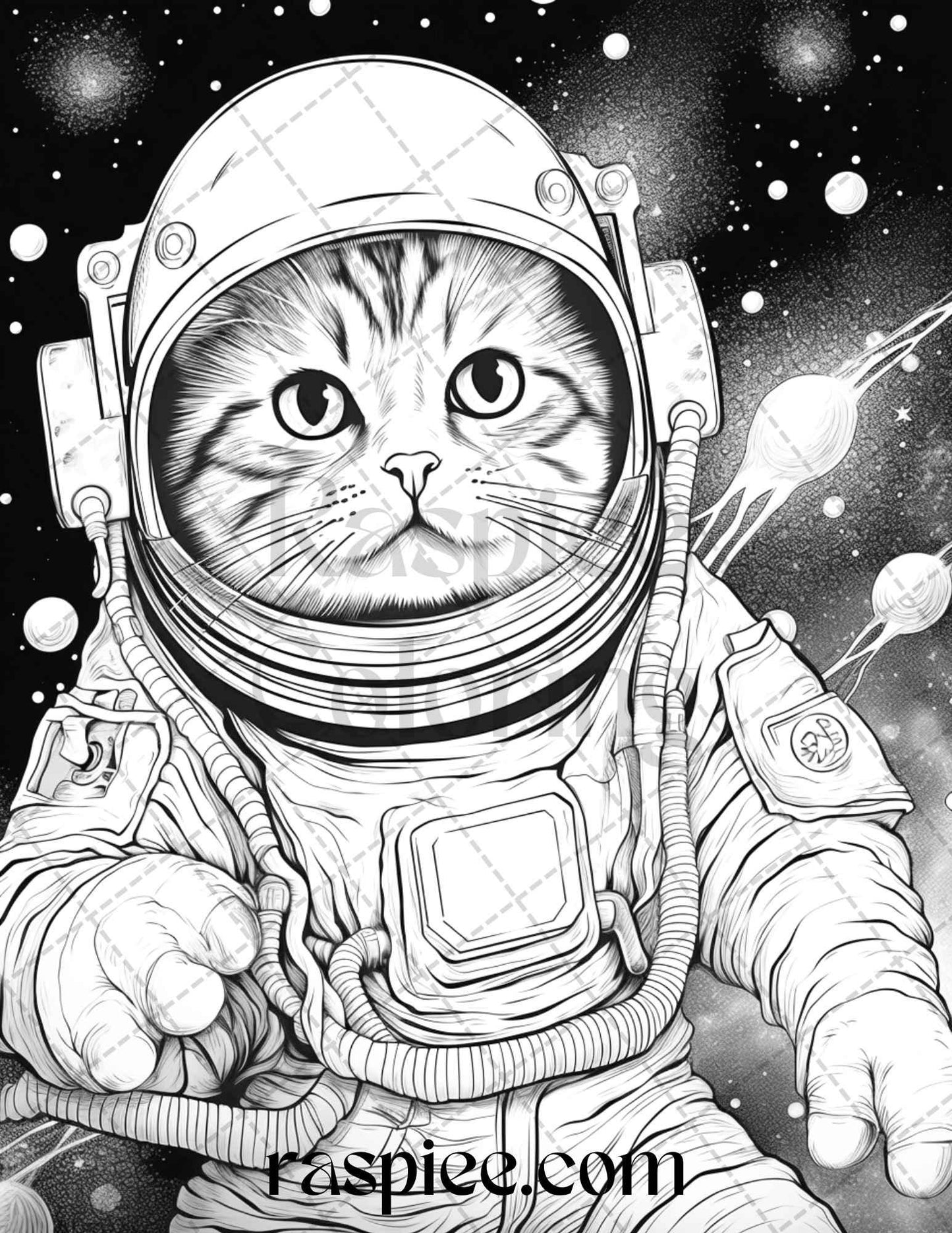 40 Cat Astronaut Grayscale Coloring Pages Printable for Adults Kids, PDF File Instant Download