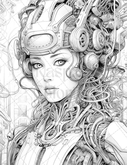 40 Beautiful Cyborg Girls Grayscale Coloring Pages Printable for Adults, PDF File Instant Download