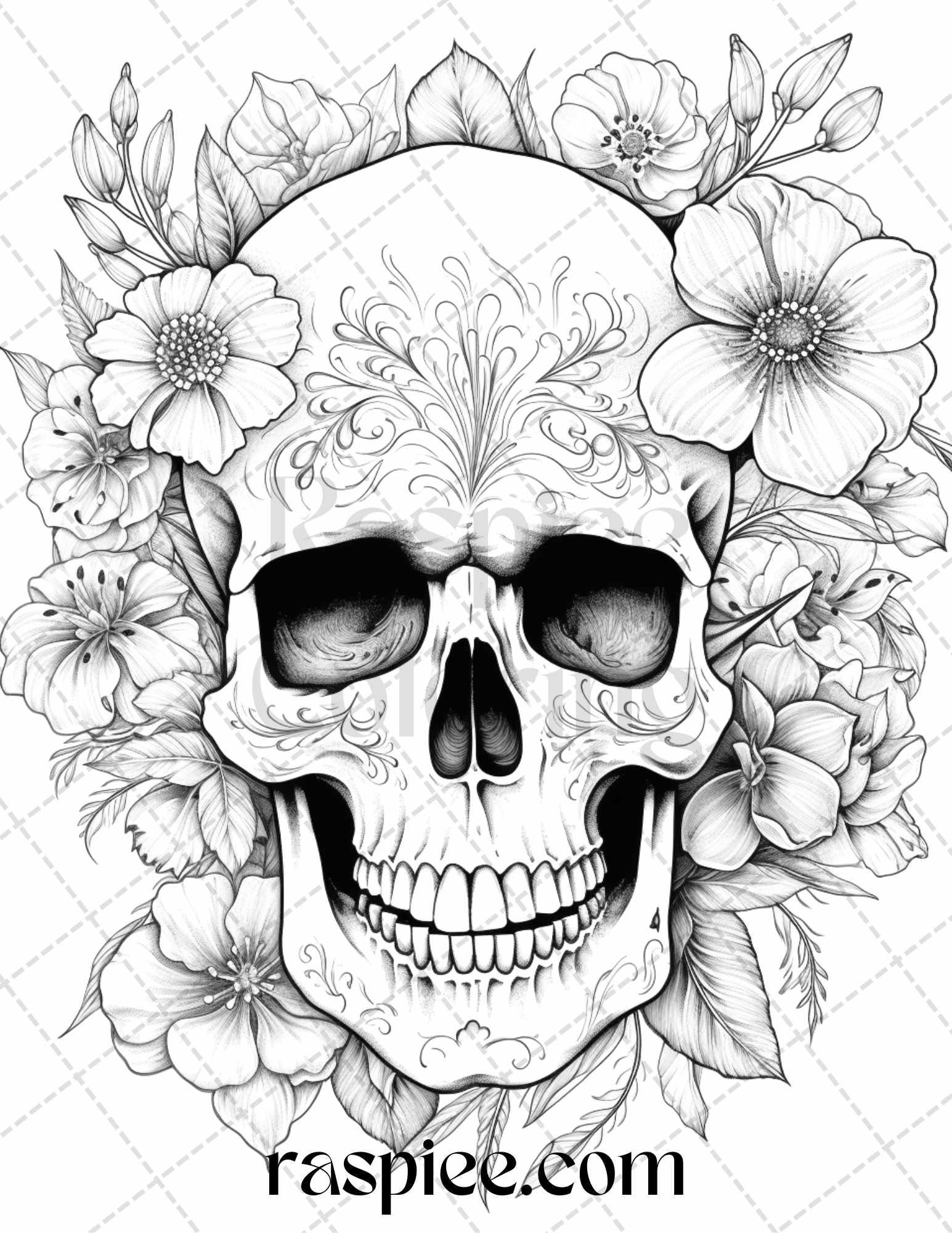 42 Floral Skull Grayscale Coloring Pages for Adults, Stress Relief Coloring Sheets, Printable PDF File Instant Download