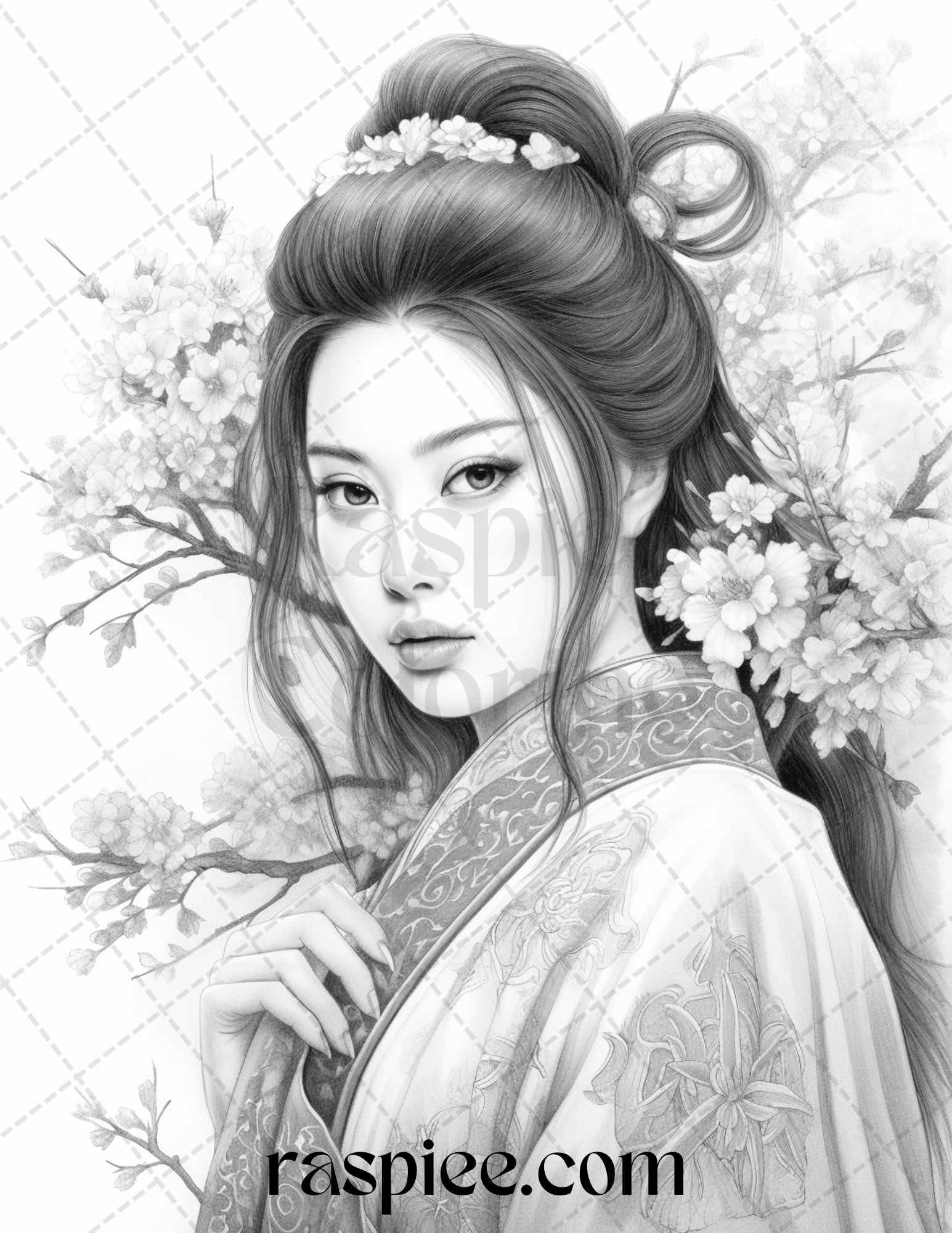 40 Beautiful Japanese Girls Grayscale Coloring Pages Printable for Adults, PDF File Instant Download