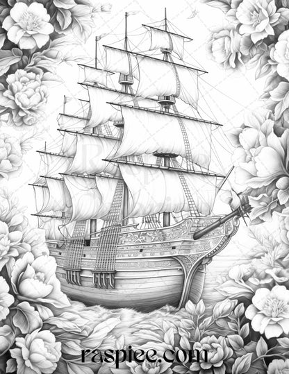 44 Flower Ships Graysale Coloring Pages Printable for Adults, PDF File Instant Download