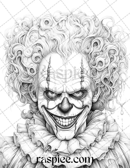 40 Spooky Clowns Grayscale Coloring Pages Printable for Adults, PDF File Instant Download