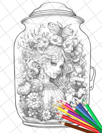 40 Beautiful Fairies in Jar Grayscale Coloring Pages Printable for Adults, PDF File Instant Download