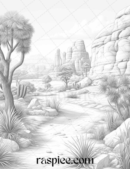 40 Desert Landscapes Grayscale Coloring Pages Printable for Adults, PDF File Instant Download